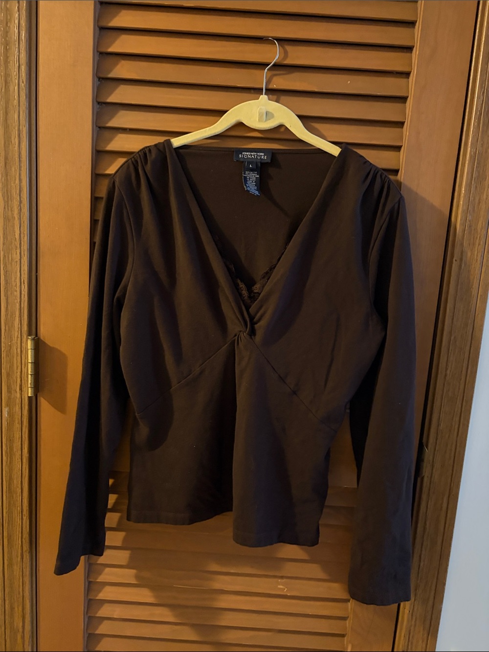 Jones New York Brown Long-Sleeve V-Neck Twist-Front Top